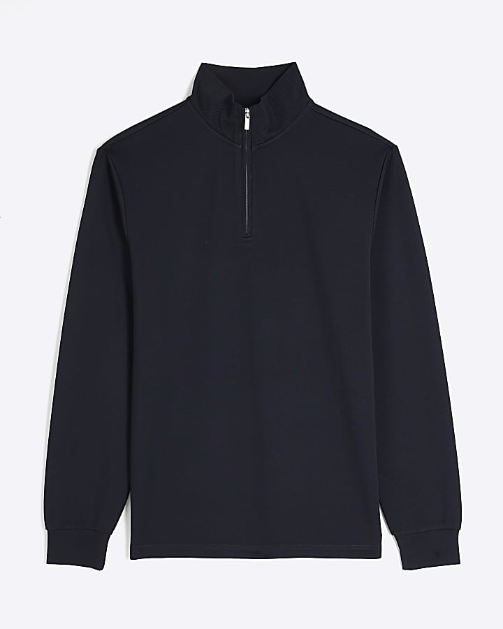 Navy slim fit twill stretch funnel sweatshirt