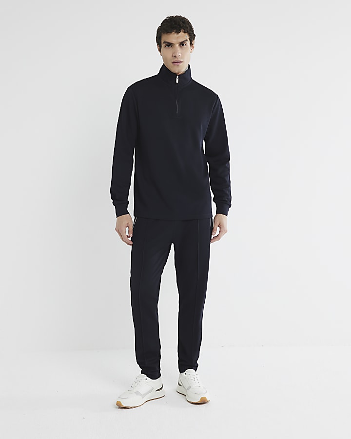 Navy slim fit twill stretch funnel sweatshirt