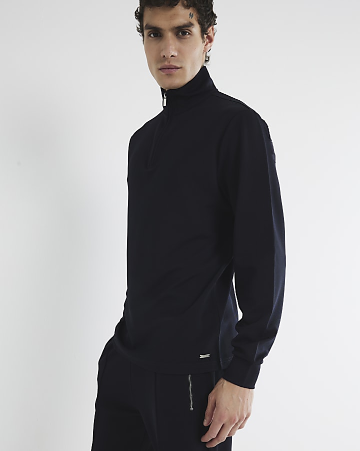 Navy slim fit twill stretch funnel sweatshirt