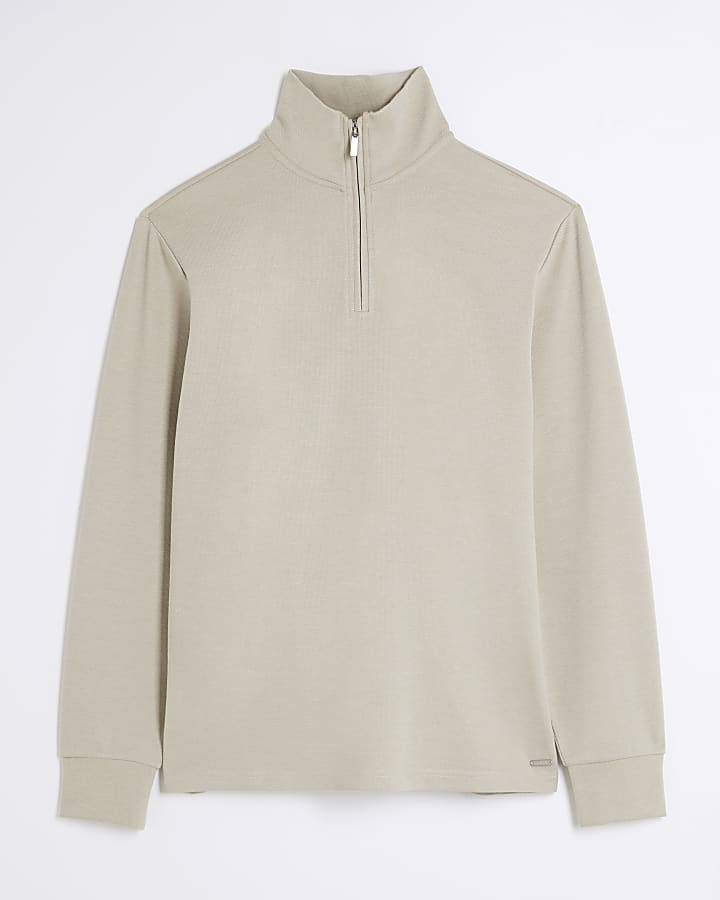 Beige slim fit textured half zip sweatshirt
