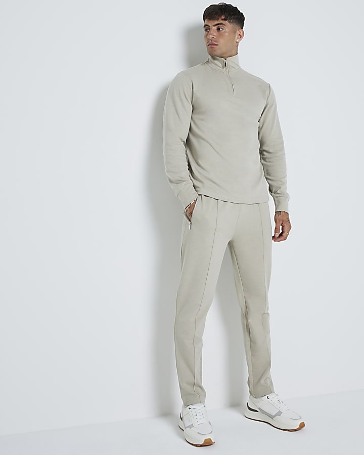 Beige slim fit textured half zip sweatshirt