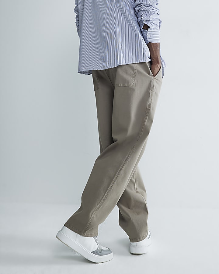 Beige Wide Leg Chino Trousers