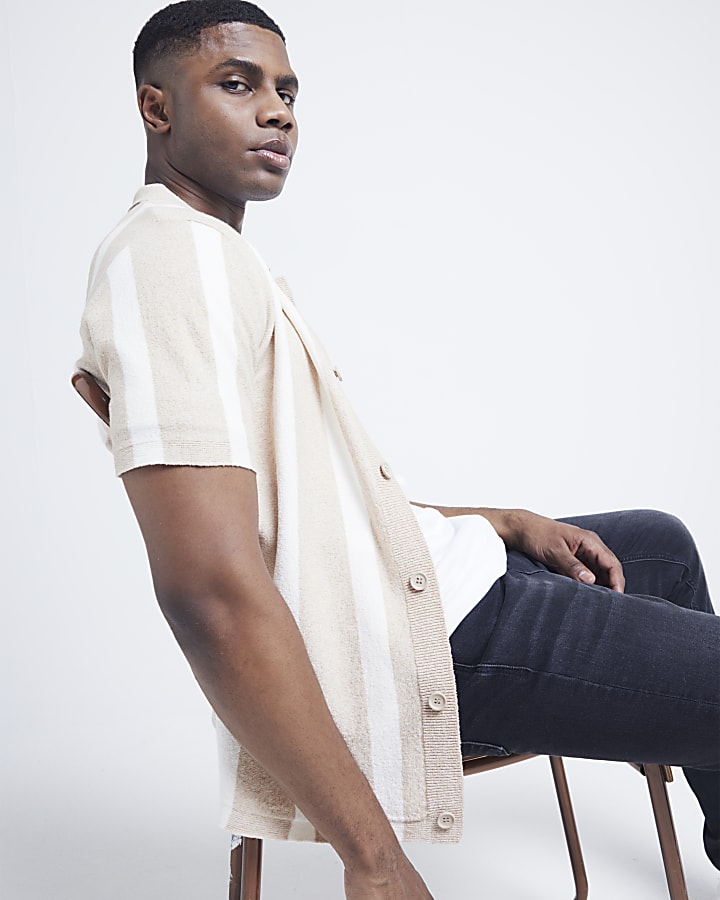Beige Regular Fit Boucle Stripe Shirt