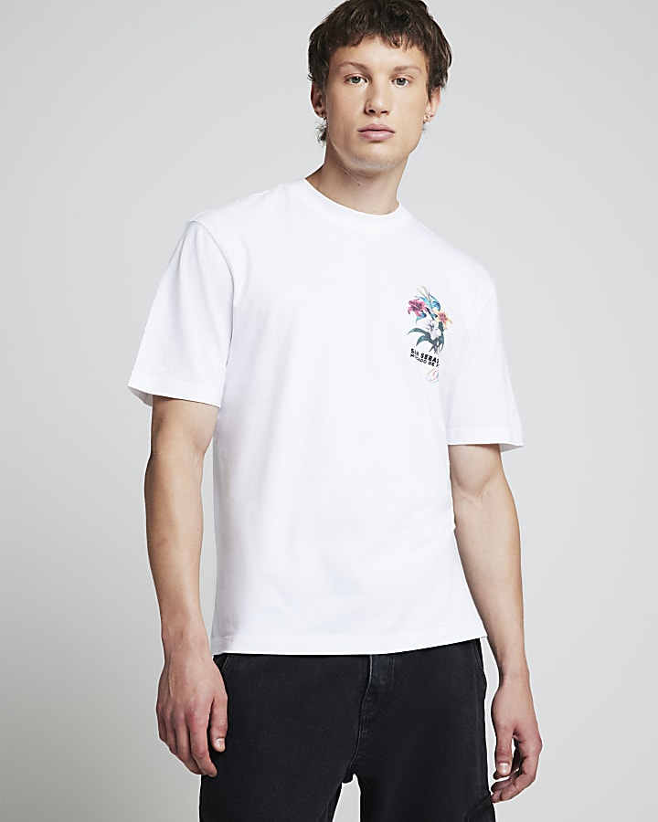 White regular fit floral graphic t-shirt