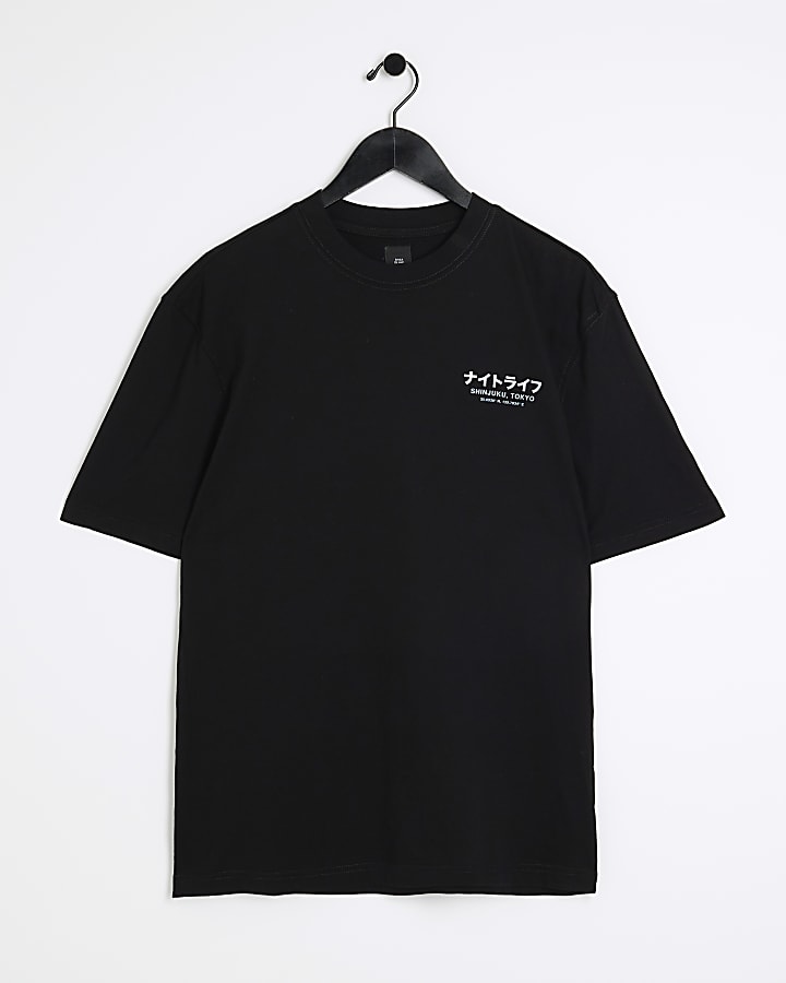 Black regular fit Japanese graphic t-shirt