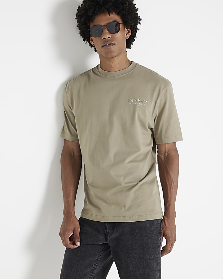 Khaki regular fit Japanese graphic t-shirt