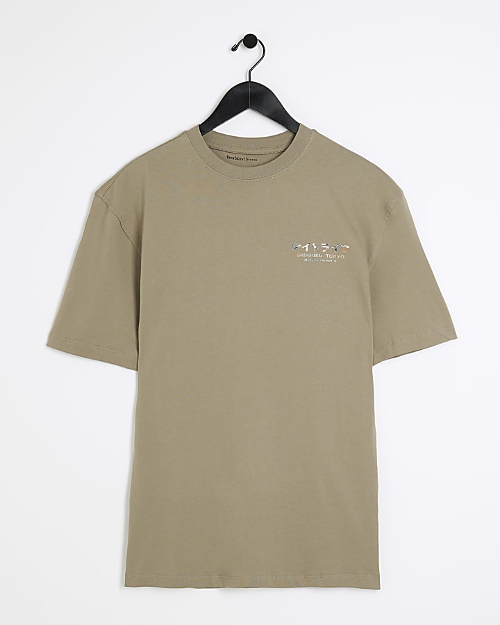 Khaki regular fit Japanese graphic t-shirt