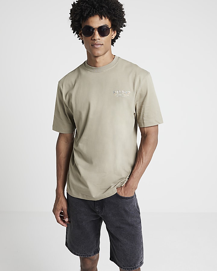 Khaki regular fit Japanese graphic t-shirt