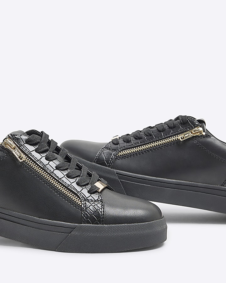 Black Croc Zipped Lace Up Trainers