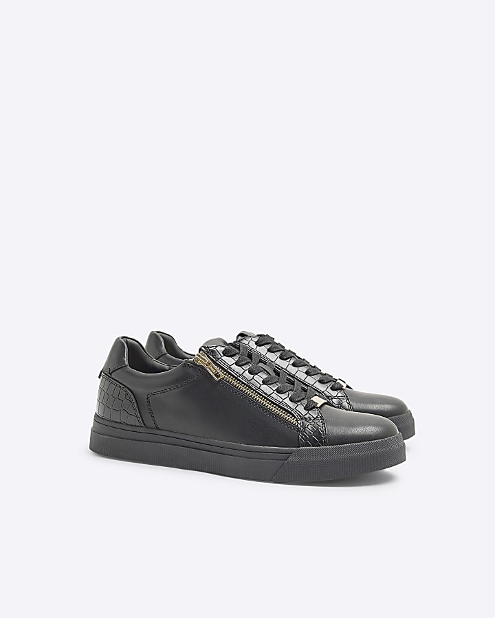 Black Croc Zipped Lace Up Trainers