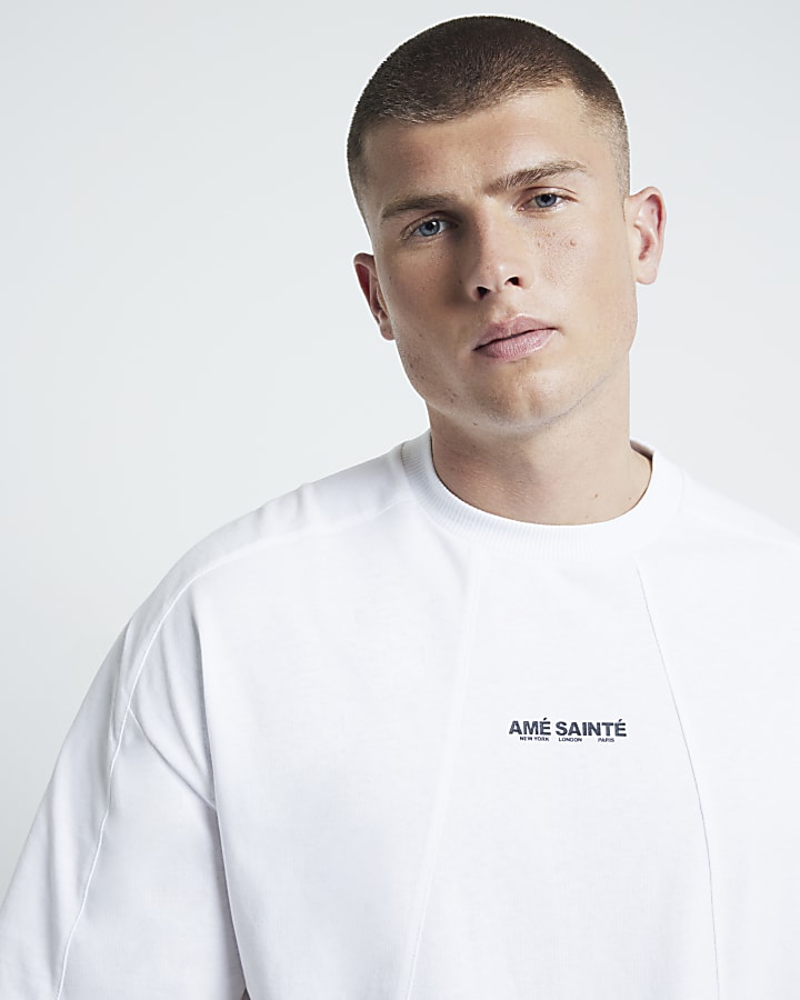 White oversized fit seamed graphic t-shirt