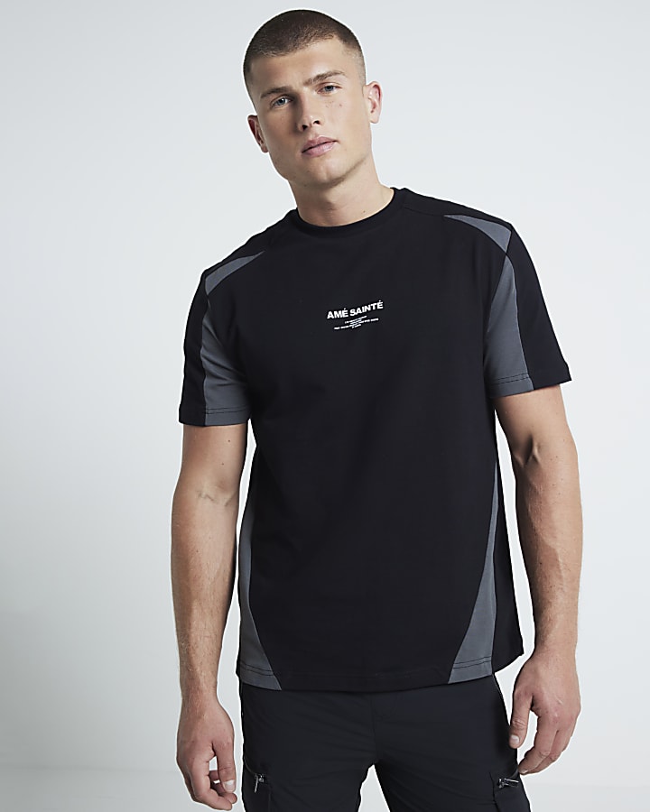 Black regular fit colour block t-shirt