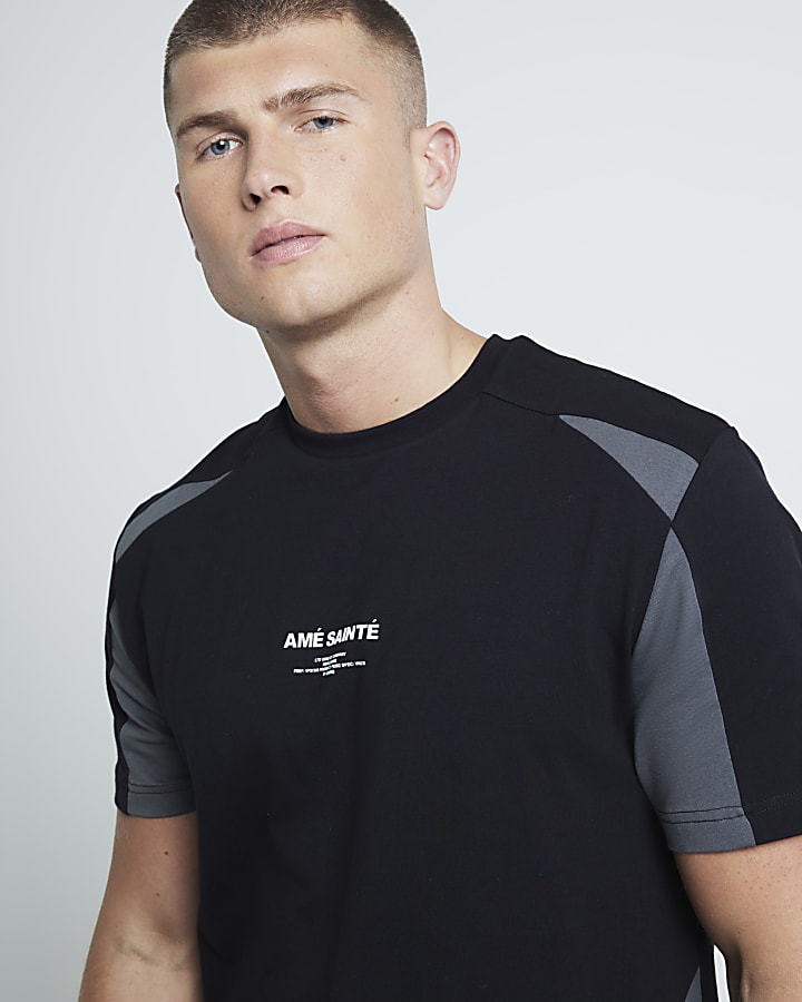 Black regular fit colour block t-shirt