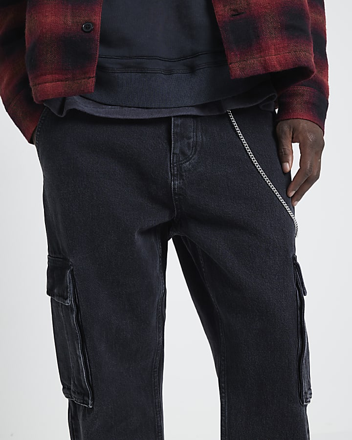 Black Denim Relaxed Straight Cargo Jeans