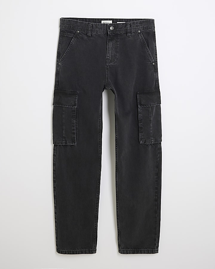 Black Denim Relaxed Straight Cargo Jeans