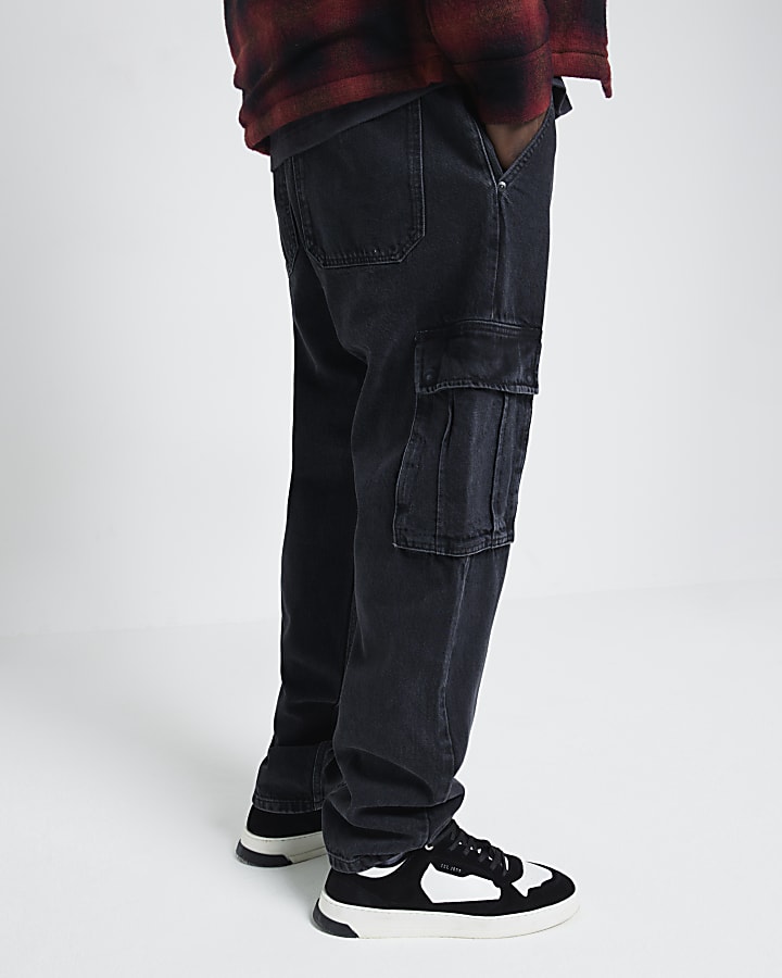 Black Denim Relaxed Straight Cargo Jeans