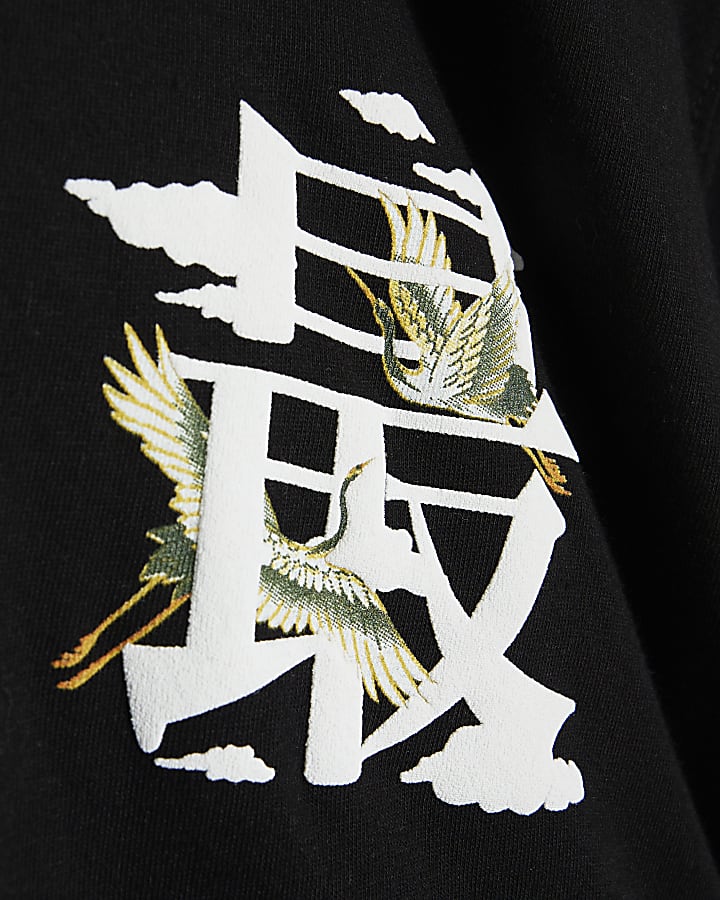 Black Regular Japanese Crane Print T-shirt