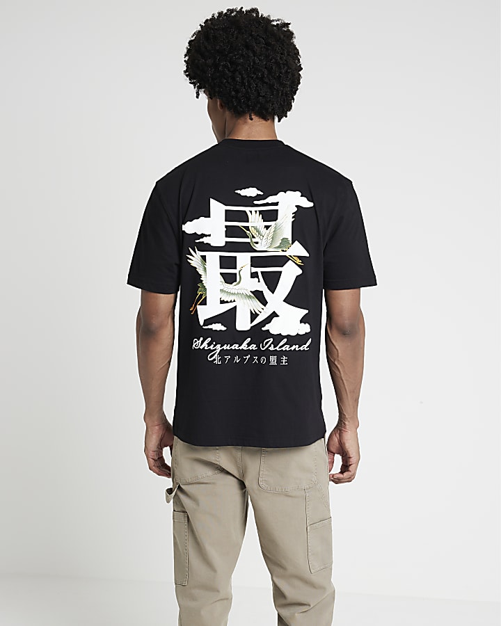 Black Regular Japanese Crane Print T-shirt