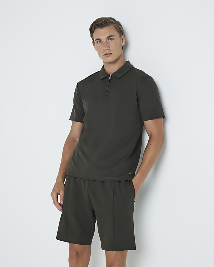 Khaki slim fit textured shorts