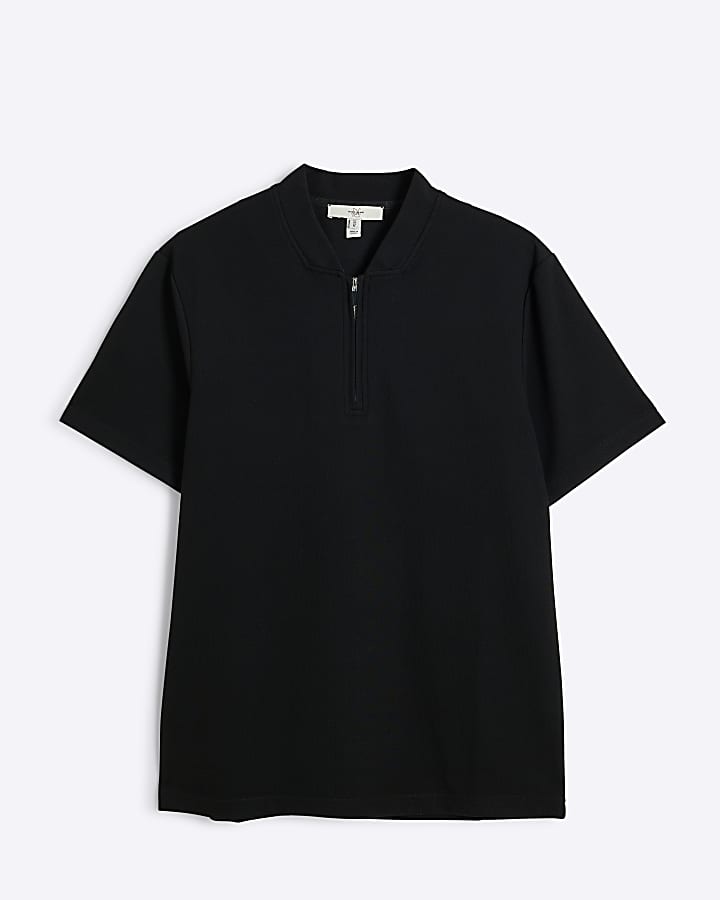 Black slim fit textured half zip polo