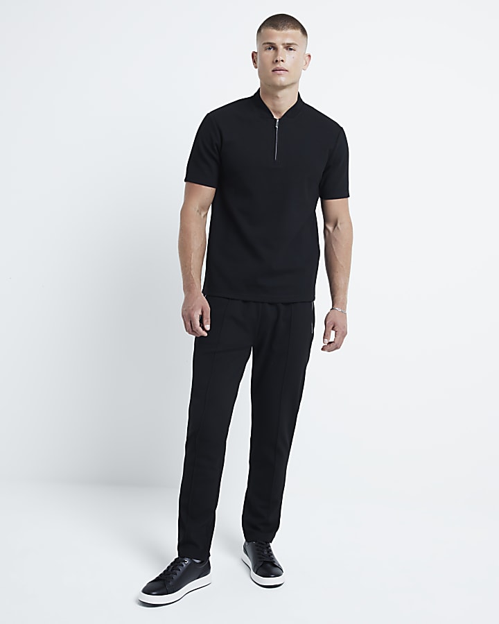 Black slim fit textured half zip polo