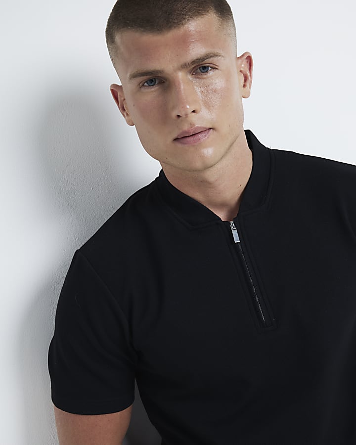 Black slim fit textured half zip polo