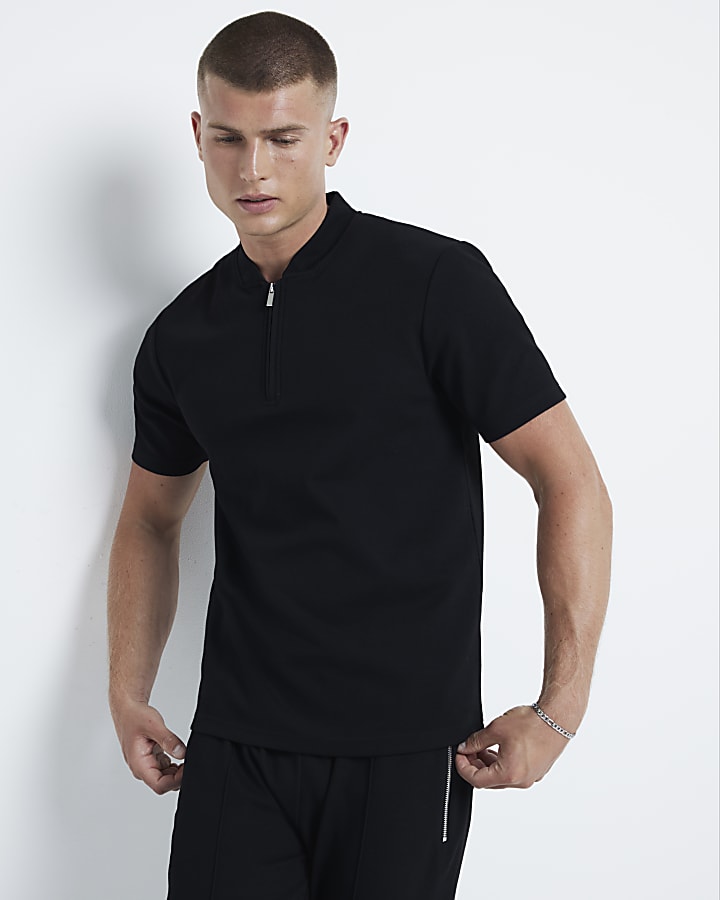 Black slim fit textured half zip polo