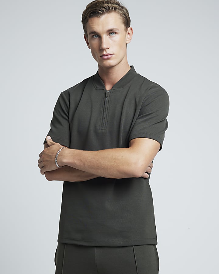 Khaki slim fit textured half zip polo