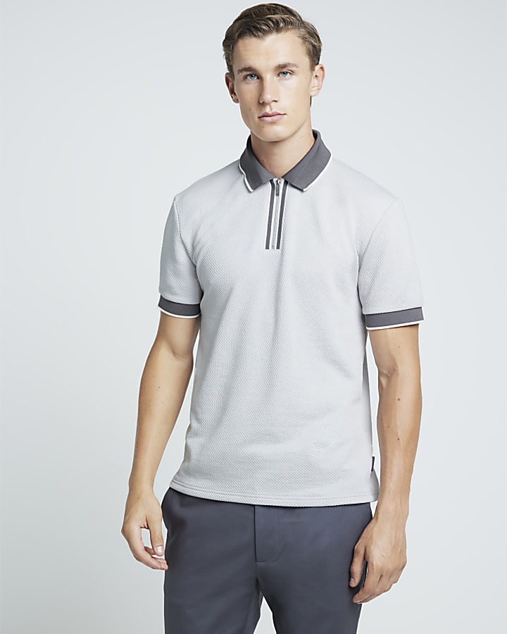 Grey slim fit textured tipped half zip polo