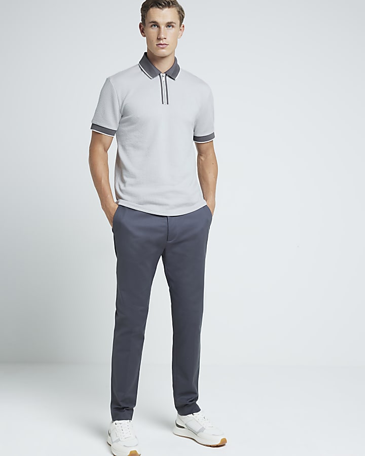 Grey slim fit textured tipped half zip polo