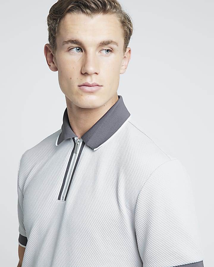 Grey slim fit textured tipped half zip polo