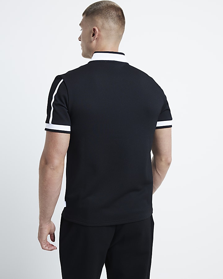 Black slim fit textured baseball polo