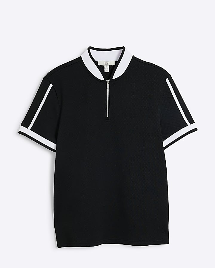 Black slim fit textured baseball polo