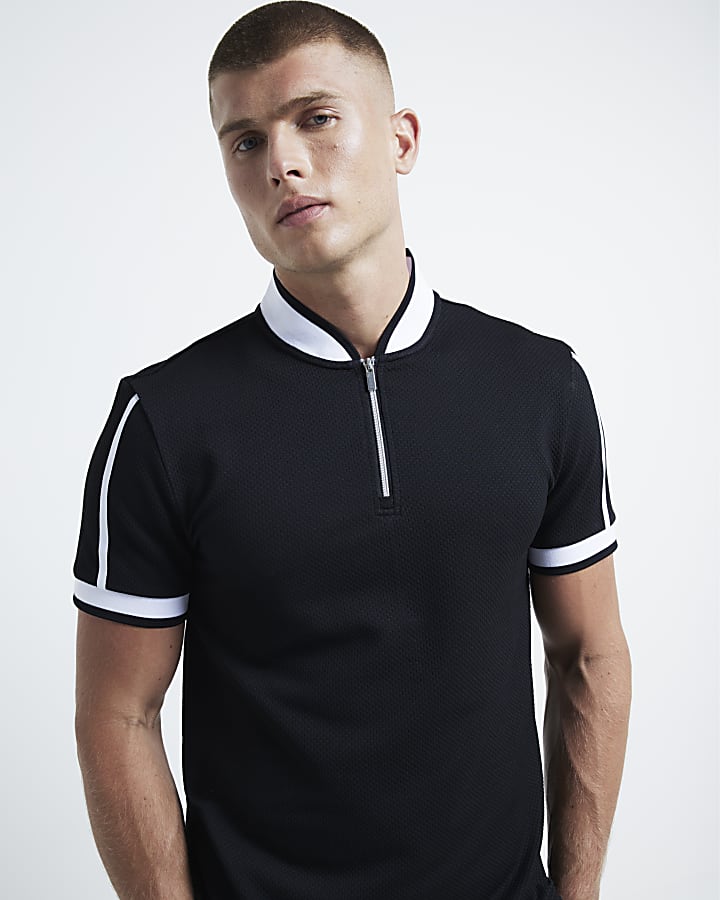 Black slim fit textured baseball polo