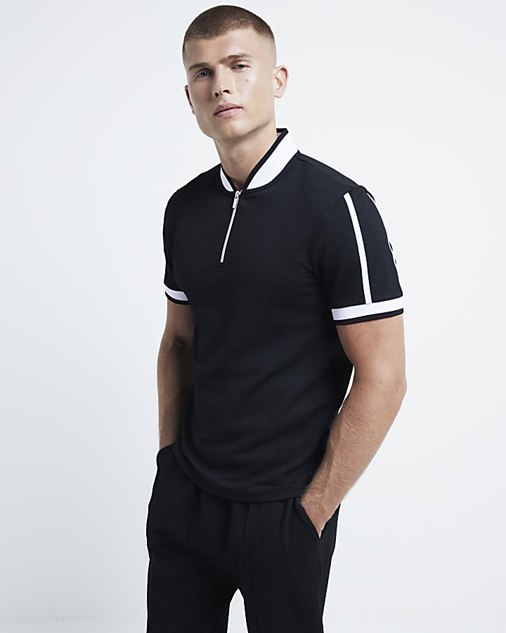 Black slim fit textured baseball polo