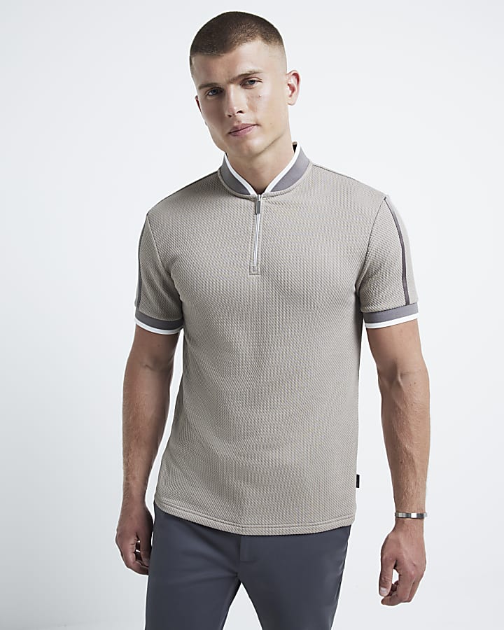 Stone slim fit textured baseball polo
