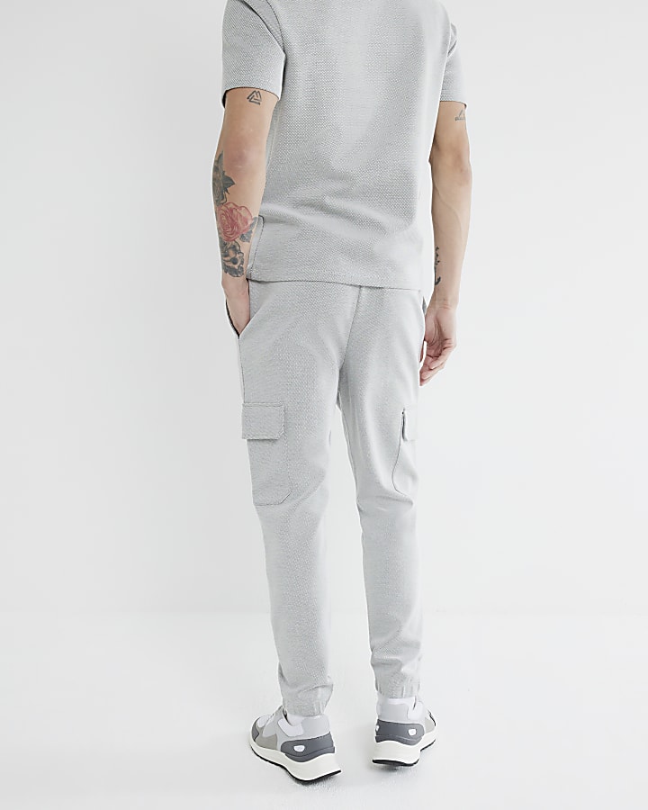 Grey Slim Fit Pique Cargo Joggers