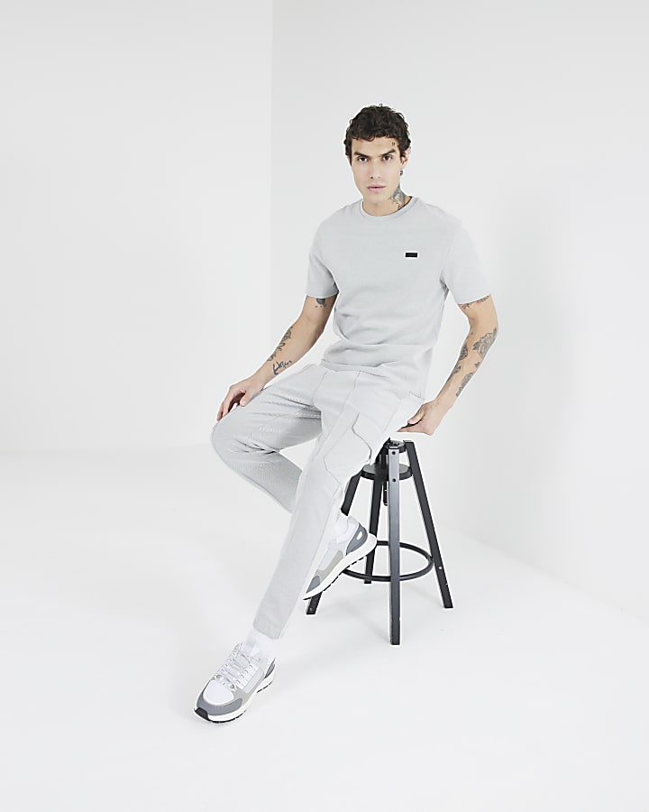 Grey Slim Fit Pique Cargo Joggers