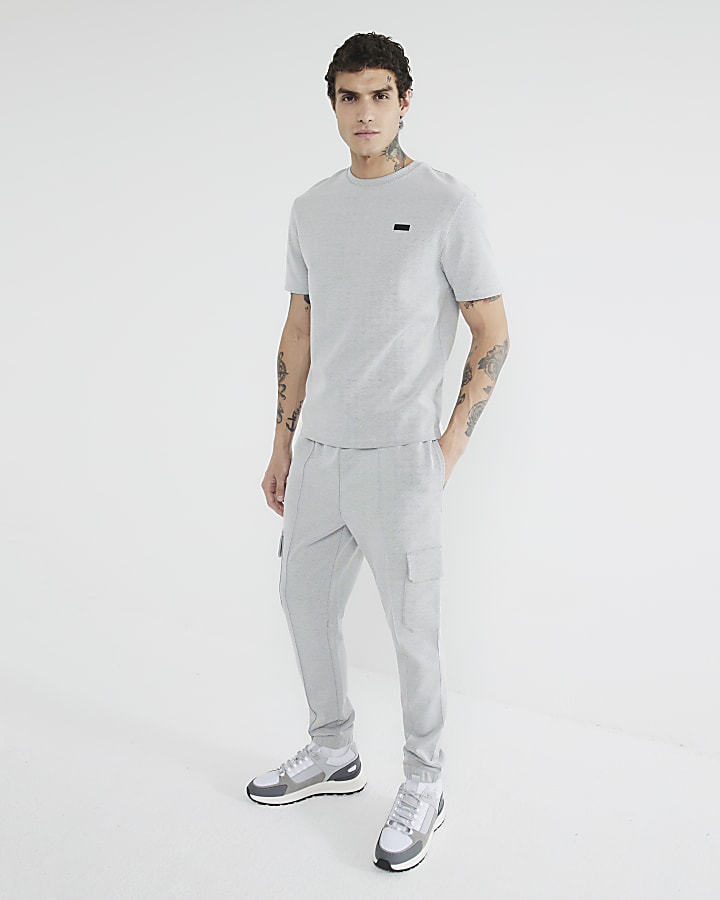 Grey Slim Fit Pique Cargo Joggers