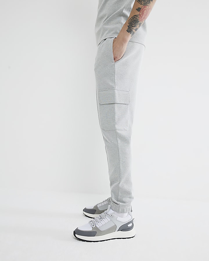 Grey Slim Fit Pique Cargo Joggers