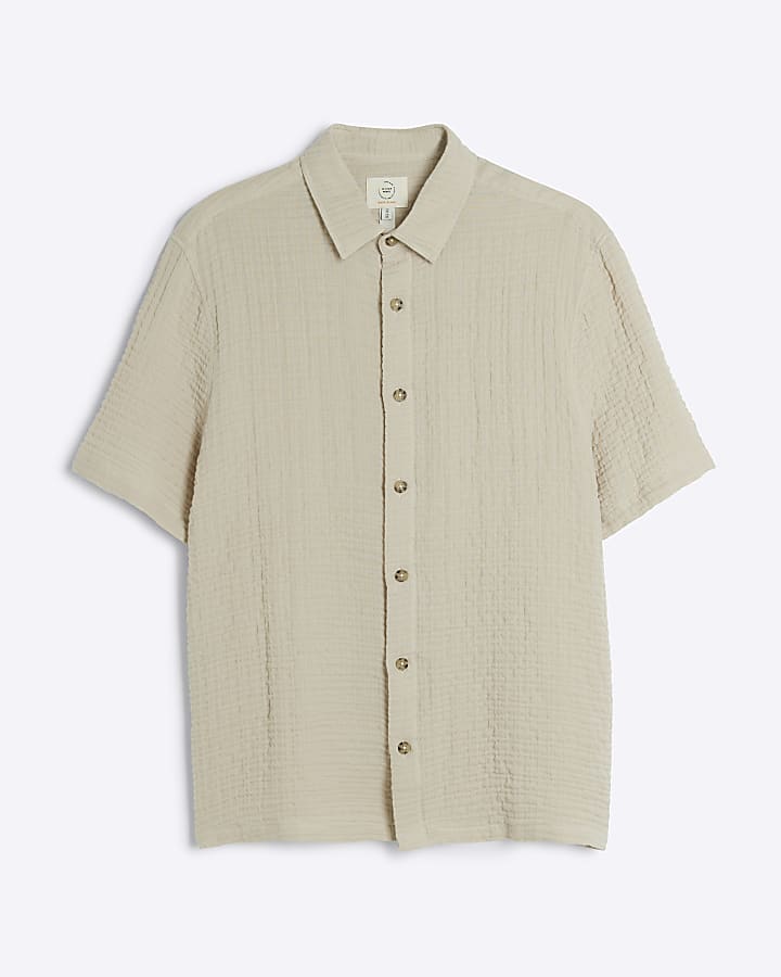 Beige regular fit textured short sleeve shirt