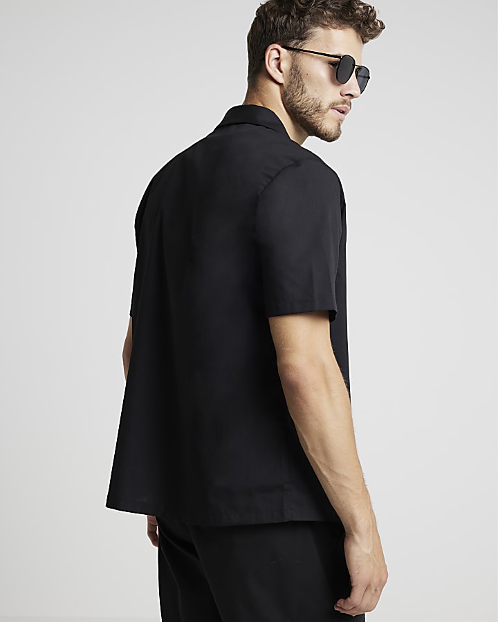 Black regular poplin embroidered revere shirt