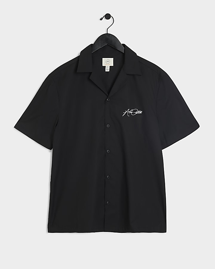 Black regular poplin embroidered revere shirt