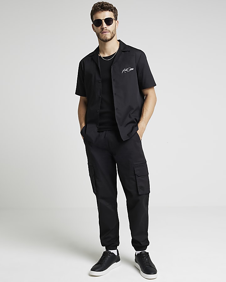 Black regular poplin embroidered revere shirt