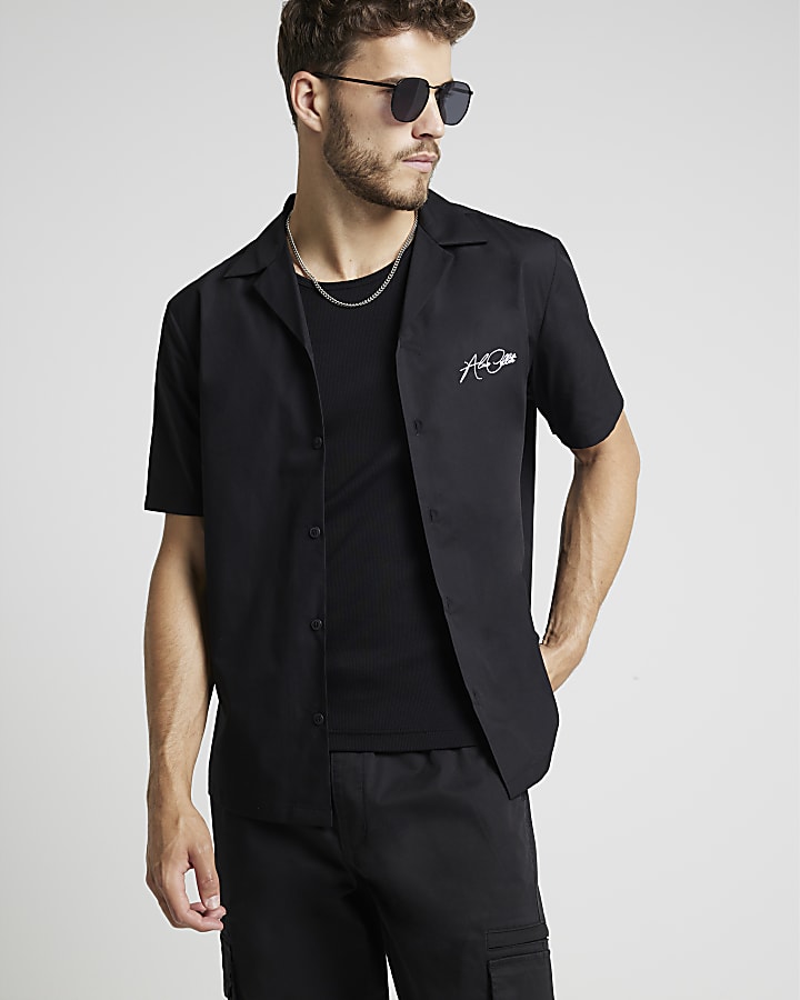 Black regular poplin embroidered revere shirt