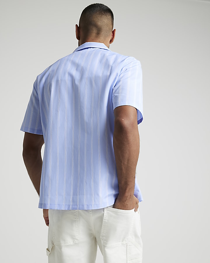 Blue regular fit poplin stripe revere shirt