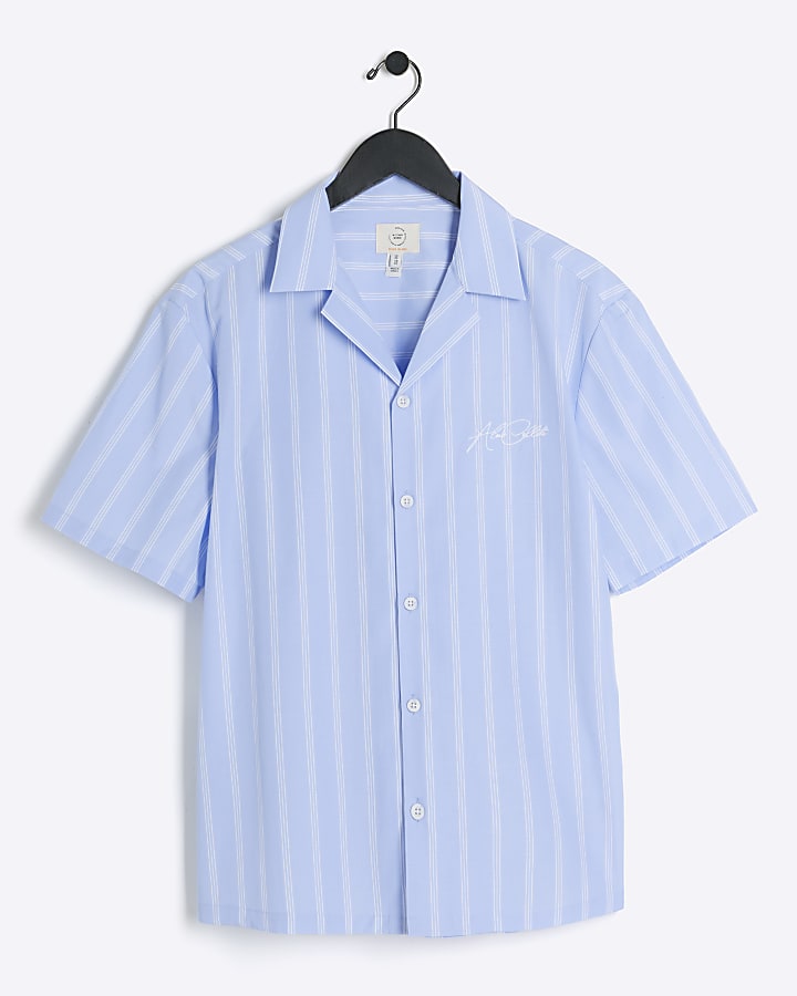 Blue regular fit poplin stripe revere shirt