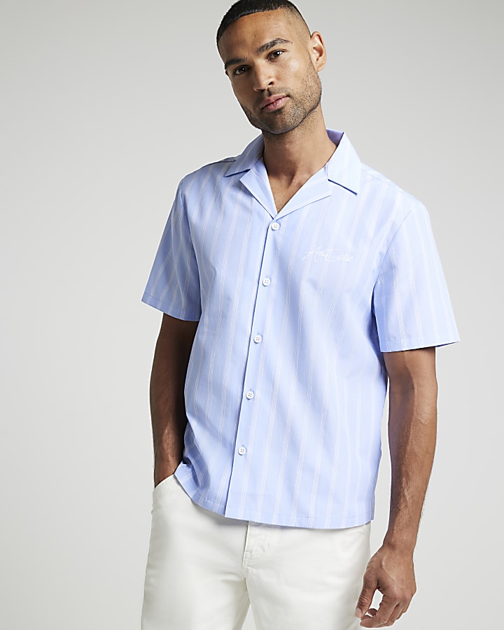 Blue regular fit poplin stripe revere shirt