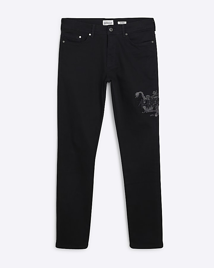 Black Skinny Fit Japanese Embroidered Jeans