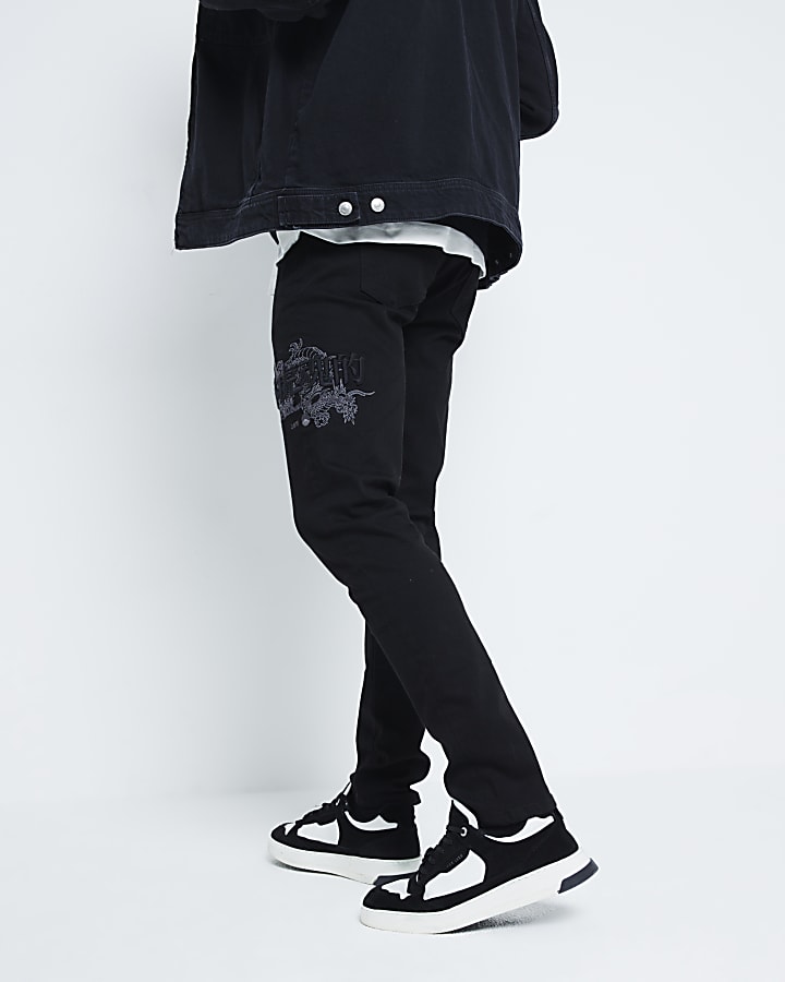 Black Skinny Fit Japanese Embroidered Jeans